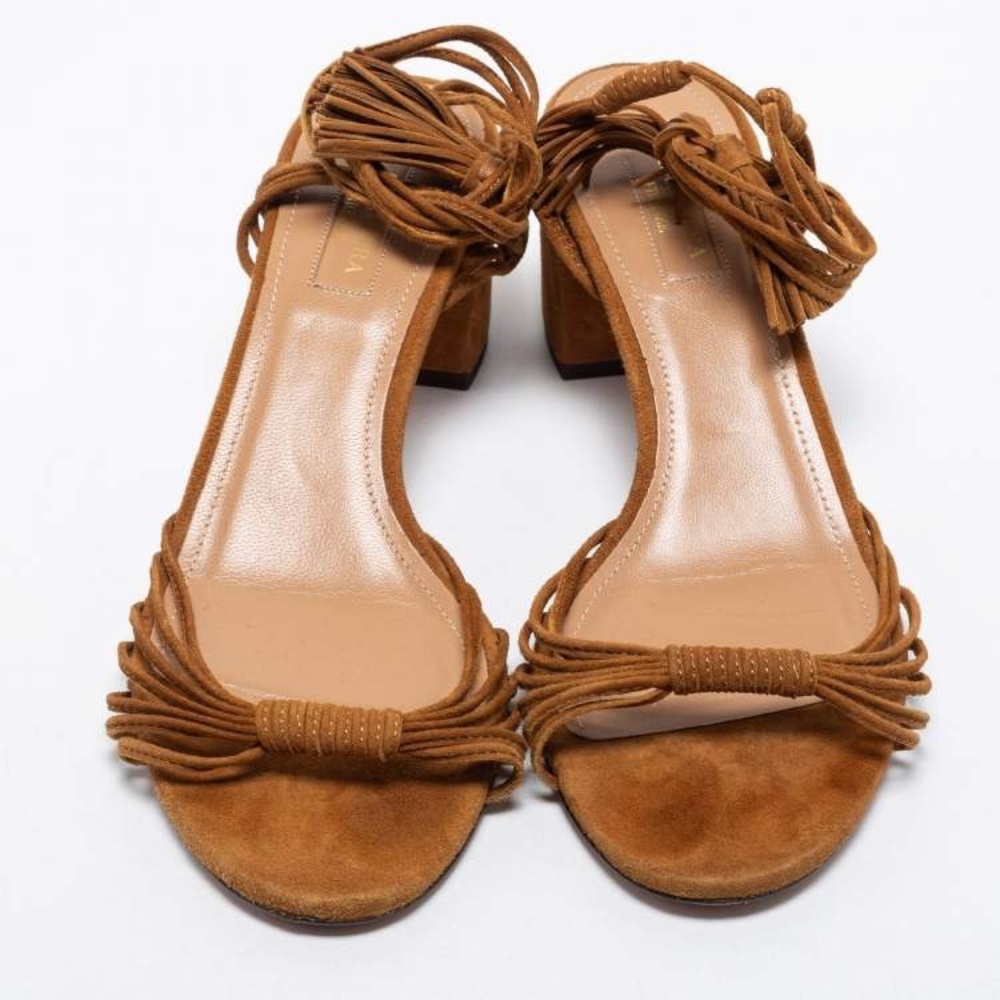 Aquazzura Tan Suede Block Heel Sandal with Ankle Tie - Size 38.5 - Picture 5 of 6